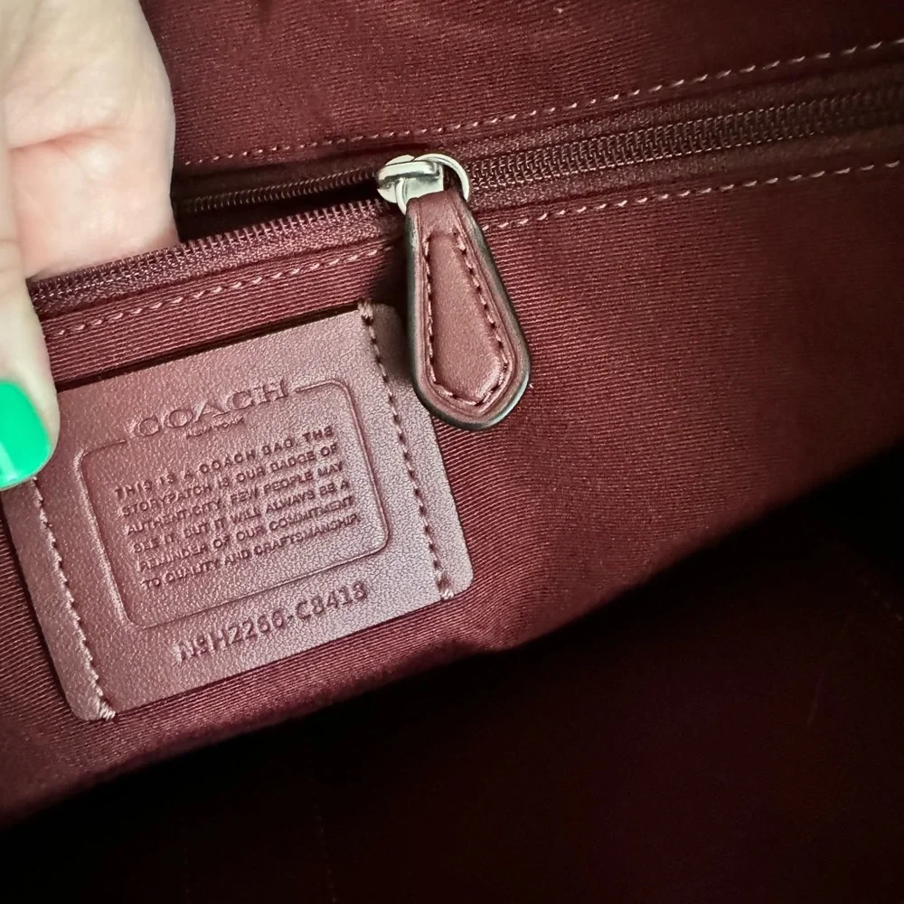 Coach Gray Signature Tote with Black Trim and Burgundy Interior